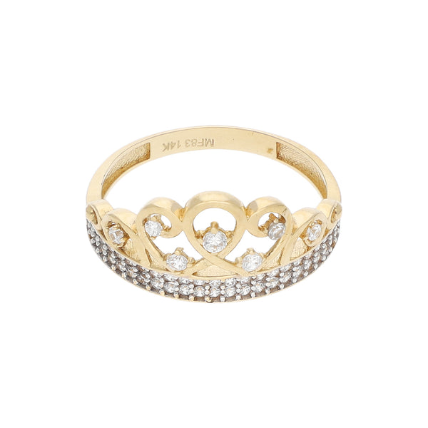 Anillo diseño especial con circonias motivo tiara en oro amarillo 14 kilates.