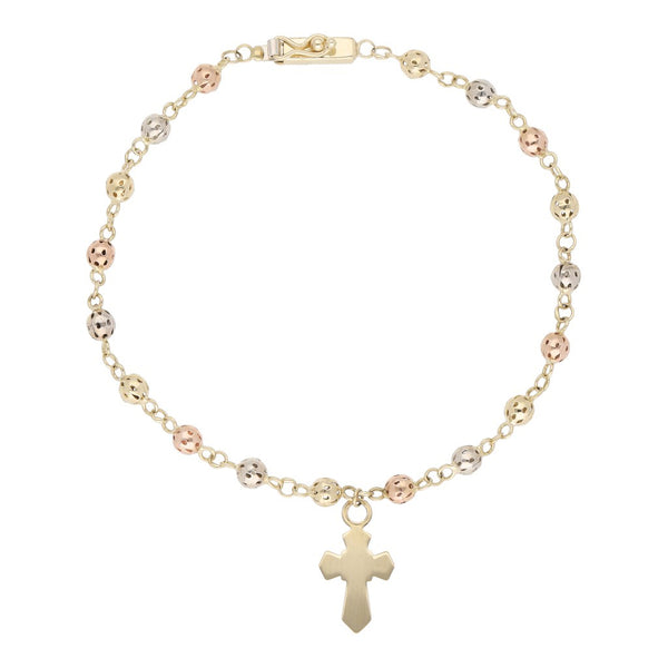 Pulsera tipo rosario eslabón cruzado aplicaciones de cuentas caladas y colgante de cruz en oro amarillo 14 kilates.