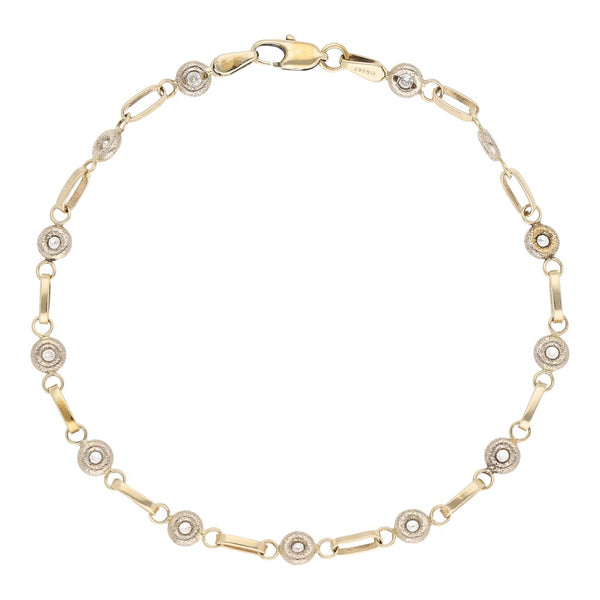 Pulsera eslabón articulado con sintéticos en oro dos tonos 14 kilates.