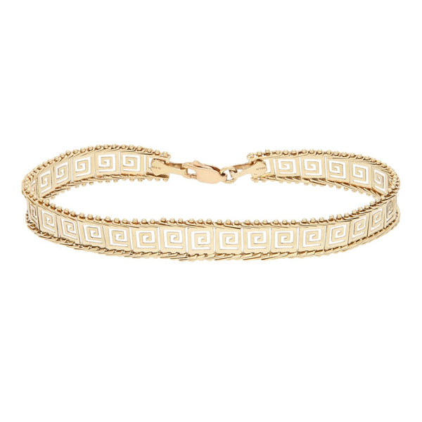 Pulsera eslabón boleado motivo grecas en oro amarillo 14 kilates.