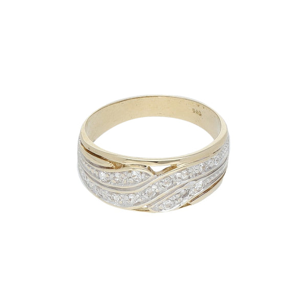 Anillo estilizado con circonias en oro amarillo 14 kilates.