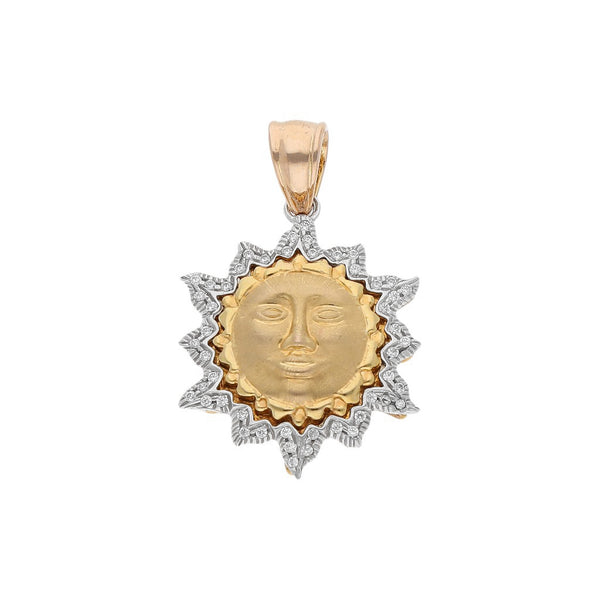 Dije diseño especial con circonias motivo sol en oro tres tonos 14 kilates.
