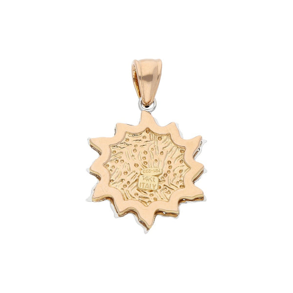 Dije diseño especial con circonias motivo sol en oro tres tonos 14 kilates.