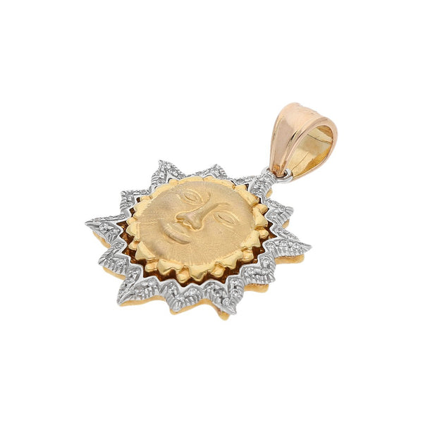 Dije diseño especial con circonias motivo sol en oro tres tonos 14 kilates.