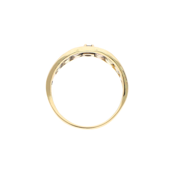 Anillo tejido con diamante en oro tres tonos 14 kilates.