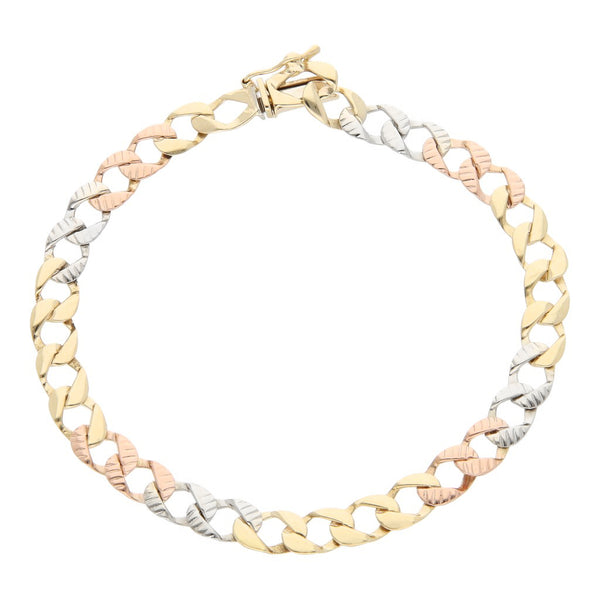 Pulsera eslabón barbado en oro tres tonos 14 kilates.
