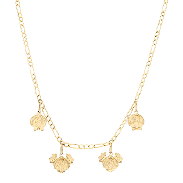 Collar de tres eslabones por uno y colgantes motivo niños en oro amarillo 14 kilates