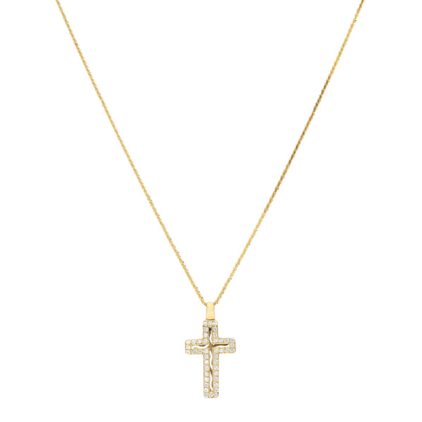 Collar eslabón laminado con cruz diseño especial con circonias en oro amarillo 14 kilates.