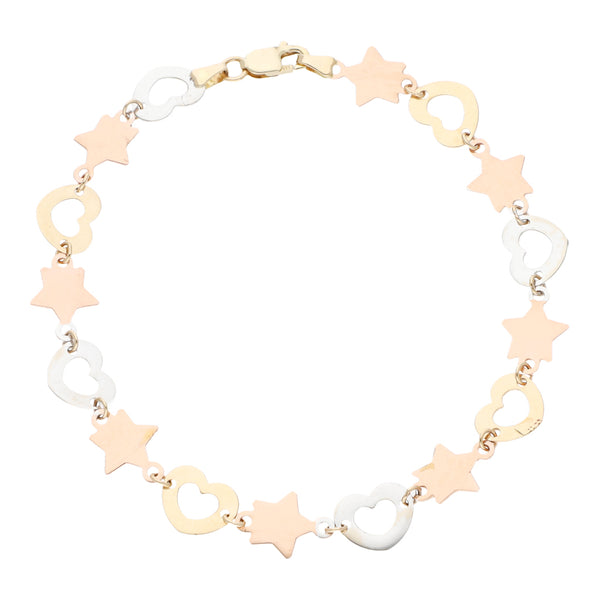 Pulsera eslabón articulado motivo corazón y estrella en oro tres tonos 14 kilates.