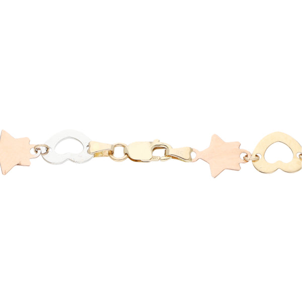 Pulsera eslabón articulado motivo corazón y estrella en oro tres tonos 14 kilates.