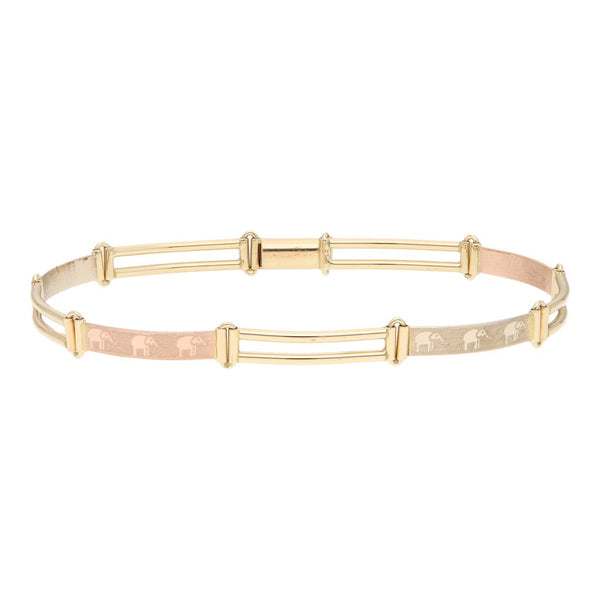 Pulsera eslabón articulado motivo elefantes en oro tres tonos 14 kilates.