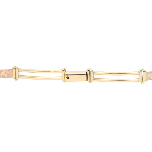 Pulsera eslabón articulado motivo elefantes en oro tres tonos 14 kilates.