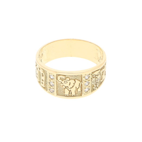Anillo diseño especial motivo figuras diferentes con circonias en oro amarillo 14 kilates.