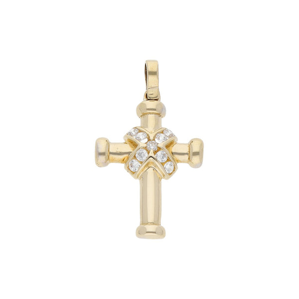 Cruz diseño especial con circonias en oro amarillo 14 kilates.