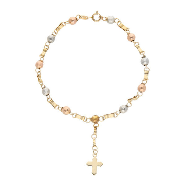 Pulsera tipo rosario eslabón combinado en oro tres tonos 14 kilates.