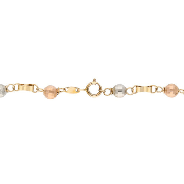 Pulsera tipo rosario eslabón combinado en oro tres tonos 14 kilates.