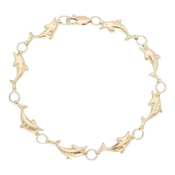 Pulsera eslabón encontrado motivo delfín en oro amarillo 14 kilates.