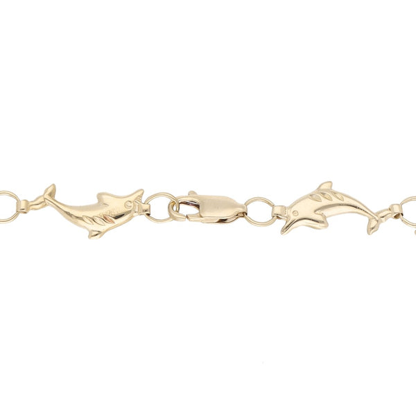 Pulsera eslabón encontrado motivo delfín en oro amarillo 14 kilates.