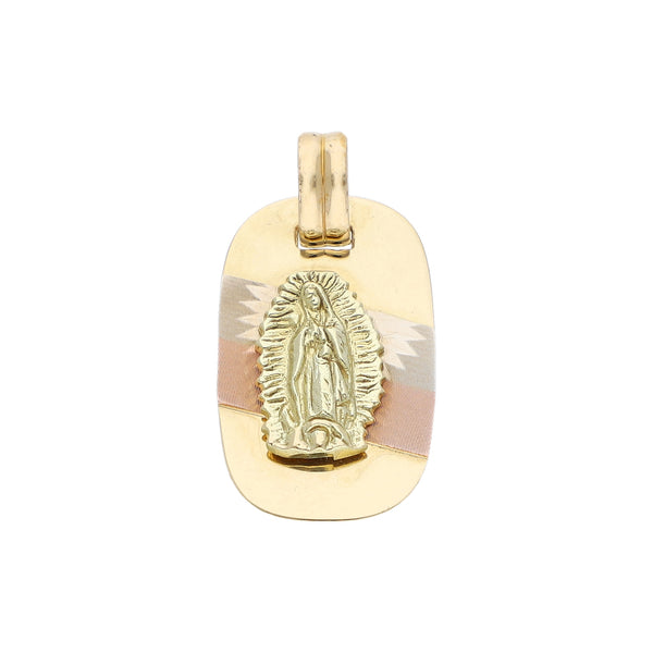 Medalla diseño especial motivo Virgen de Guadalupe en oro tres tonos 14 kilates.
