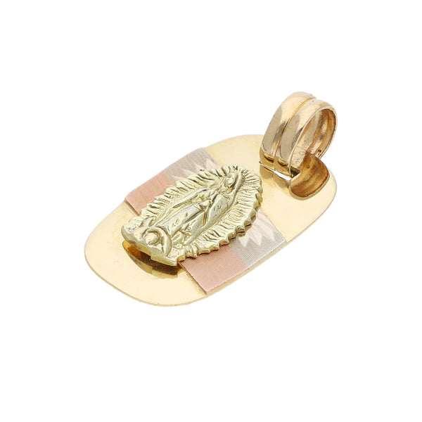 Medalla diseño especial motivo Virgen de Guadalupe en oro tres tonos 14 kilates.