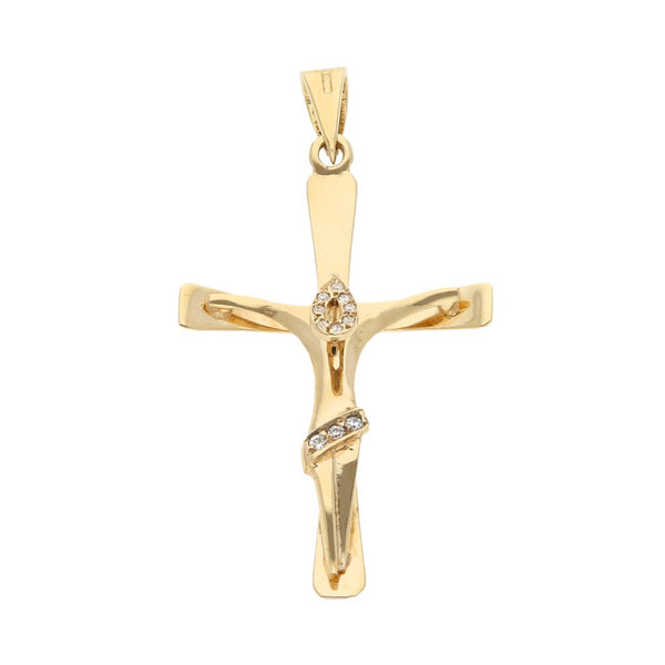 Crucifijo estilizado con circonias en oro amarillo 12 kilates.