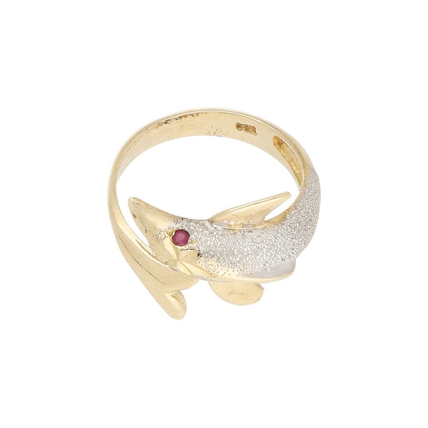 Anillo diseño especial con sintéticos motivo delfín en oro amarillo 14 kilates.