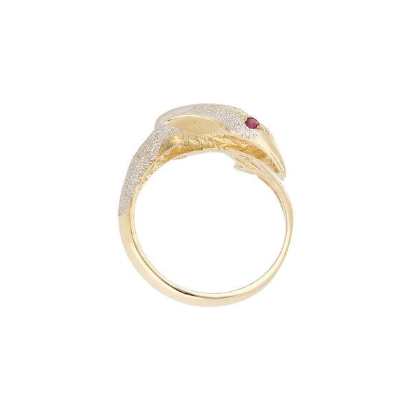 Anillo diseño especial con sintéticos motivo delfín en oro amarillo 14 kilates.
