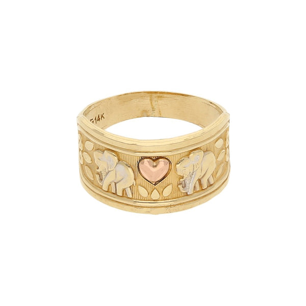 Anillo diseño especial motivo figuras diferentes en oro dos tonos 14 kilates.