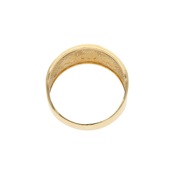 Anillo diseño especial motivo figuras diferentes en oro dos tonos 14 kilates.