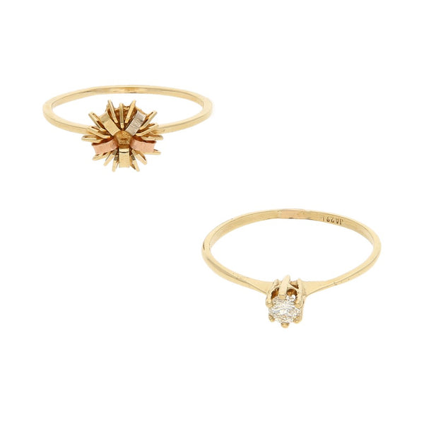 Dos anillos diseño especial con diamante en oro tres tonos 14 kilates.