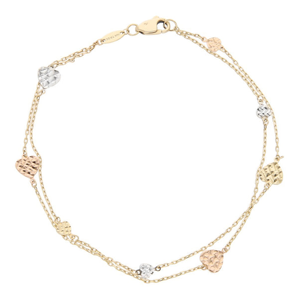 Pulsera de dos hilos eslabón cruzado con aplicaciones motivo corazón en oro tres tonos 14 kilates.
