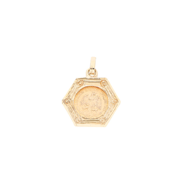 Dije diseño especial con moneda de dos pesos oro mexicano 21.6 kilates en oro amarillo 16 kilates.