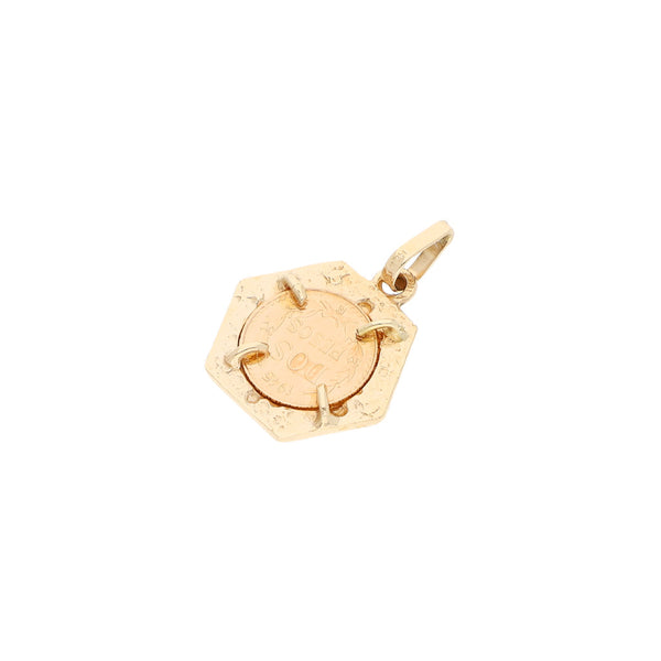 Dije diseño especial con moneda de dos pesos oro mexicano 21.6 kilates en oro amarillo 16 kilates.