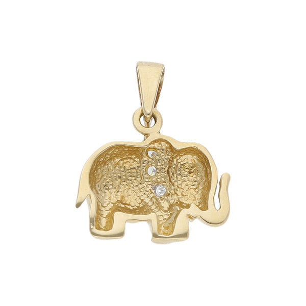 Dije diseño especial con circonias motivo elefante en oro amarillo 14 kilates.