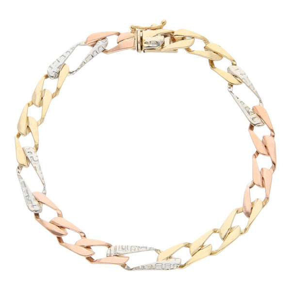 Pulsera eslabón laminado en oro tres tonos 14 kilates.