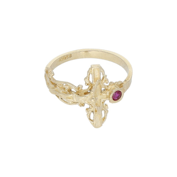 Anillo diseño especial motivo Cristo con gema en oro amarillo 14 kilates.