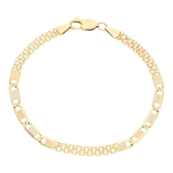 Pulsera eslabón combinado en oro tres tonos 14 kilates.