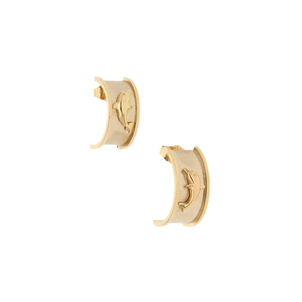 Broqueles diseño especial motivo delfín con circonias en oro amarillo 14 kilates.