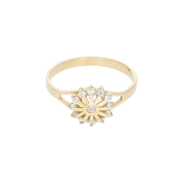 Anillo calado motivo flor con circonias en oro amarillo 14 kilates.