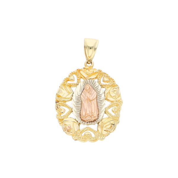 Medalla calada motivo Virgen de Guadalupe en oro tres tonos 14 kilates.