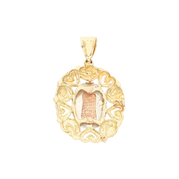 Medalla calada motivo Virgen de Guadalupe en oro tres tonos 14 kilates.