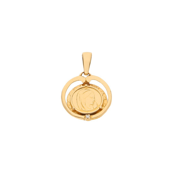 Medalla calada motivo virgen con diamante en oro amarillo 18 kilates.