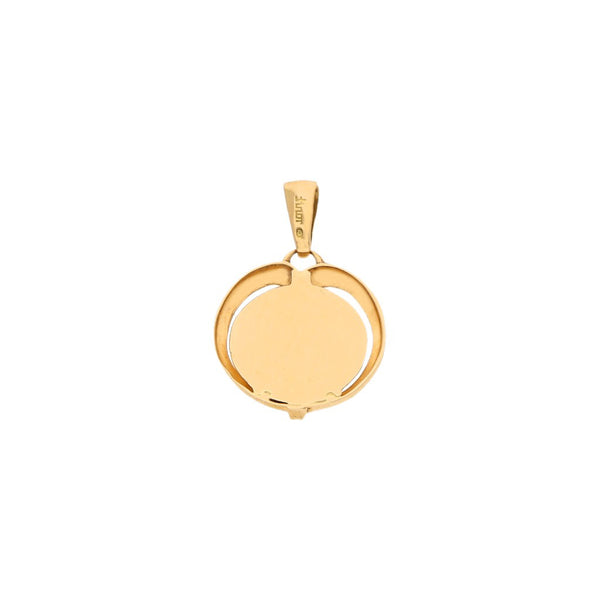 Medalla calada motivo virgen con diamante en oro amarillo 18 kilates.