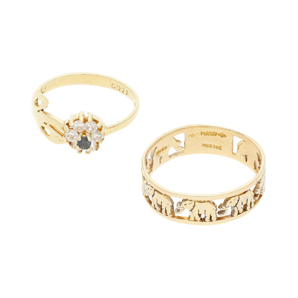 Dos anillos argolla calada motivo elefantes y anillo motivo flor con sintéticos 14 kilates.