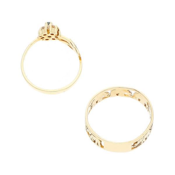 Dos anillos argolla calada motivo elefantes y anillo motivo flor con sintéticos 14 kilates.