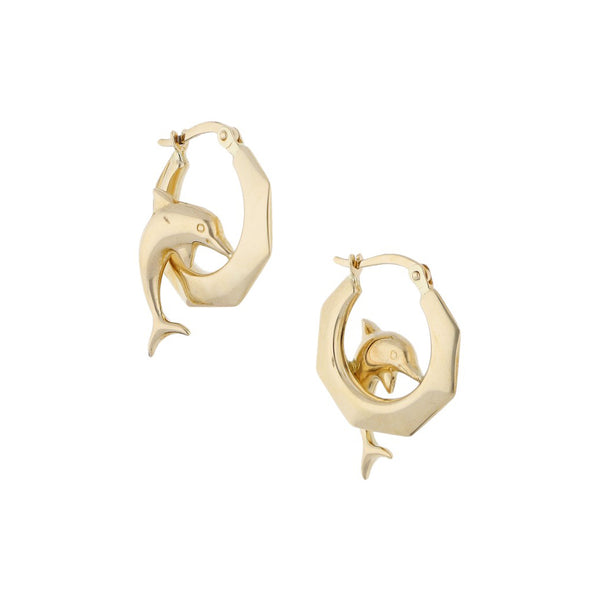 Arracadas diseño especial con aplicación motivo delfín en oro amarillo 14 kilates.