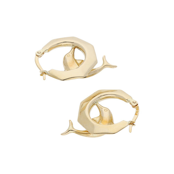 Arracadas diseño especial con aplicación motivo delfín en oro amarillo 14 kilates.