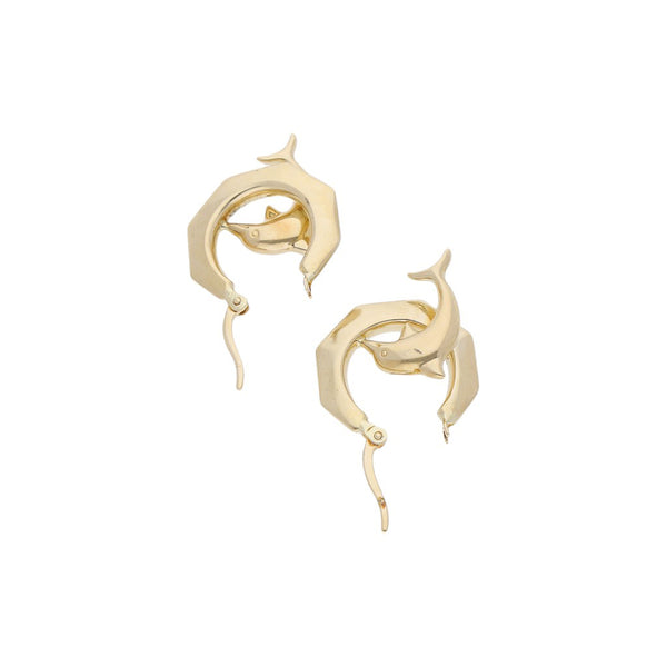 Arracadas diseño especial con aplicación motivo delfín en oro amarillo 14 kilates.