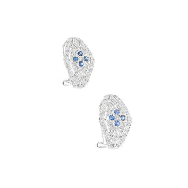 Aretes diseño especial con diamantes y sintéticos en oro blanco 14 kilates.
