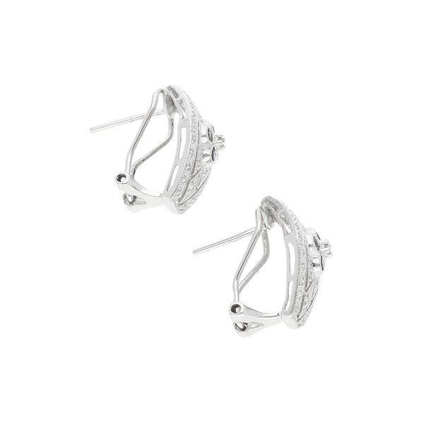 Aretes diseño especial con diamantes y sintéticos en oro blanco 14 kilates.